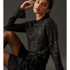 ANTHROPOLOGIE Hanna Lace Mock Neck Black Sweater Size S